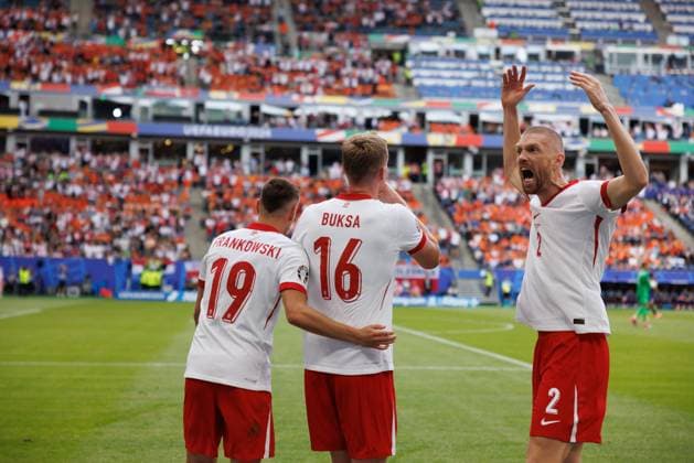 Adam Buksa celebrates after scoring goal during UEFA EURO, EM, Europameisterschaft,Fussball 2024 game between national teams of Poland and Netherlands at Olympiastadion, Berlin, Germany (Maciej Rogowski) Hamburg Volksparkstadion Germany Copyright: xMaciejxRogowskix polandnetherlands-11