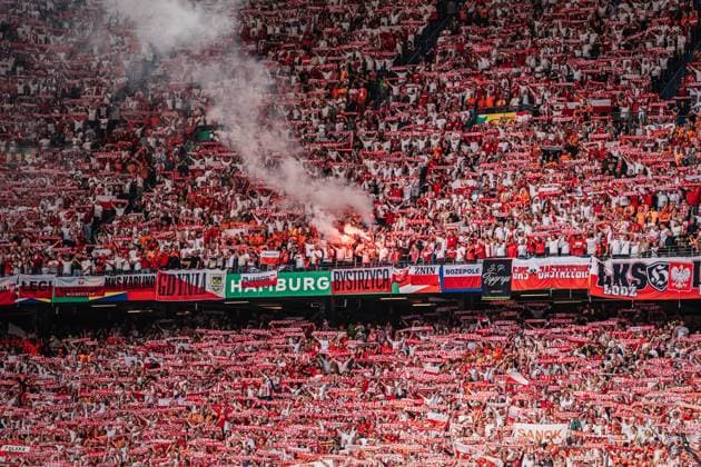Soccer Men UEFA European Football Championship 2024 Group D Poland vs Netherlands 16 06 2024 Fans from Poland set off pyrotechnics Hamburg Volksparkstadion Hamburg Germany
