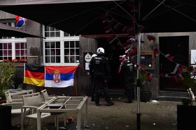 GELSENKIRCHEN, GERMANY - JUNE 16: Police secure the area outside a restaurant where a Serbia fan was attacked by a masked fan in Gelsenkirchen city centre of before the UEFA EURO, EM, Europameisterschaft,Fussball 2024 group stage match between Serbia and England at Arena AufSchalke on June 16, 2024 in Gelsenkirchen, Germany.Photo by Sebastian Frej Serbia v England: Group C - UEFA EURO 2024 Copyright: xSebastianxFrejx