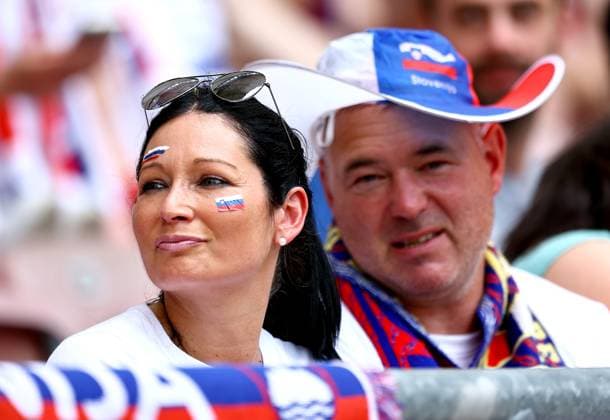 Slovenian fans with face paint in the stadium ahead of the game Slovenia v Denmark, UEFA European Championship, EM, Europameisterschaft 2024, Group C, Football, Stuttgart Arena, Stuttgart, Germany, 16 Jun 2024 EDITORIAL USE ONLY No use with unauthorised audio, video, data, fixture lists, club league logos or live services. Online in-match use limited to 120 images, no video emulation. No use in betting, games or single club league player publications. Copyright: xMichaelxZemanek Shutterstockx 14539399aa