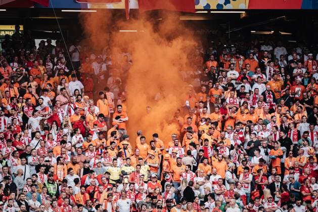 Soccer Men UEFA European Football Championship 2024 Group D Poland vs Netherlands 16 06 2024 Orange clouds of smoke Hamburg Volksparkstadion Hamburg Germany