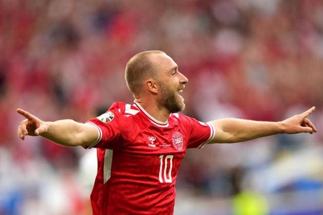 Denmark s Christian Eriksen celebrates after scoring 0-1 during the Euro 2024 soccer match between Slovenia and Denmark at the Stuttgart Arena , Stuttgart , Germany - Sunday 16 , June , 2024. - Soccer .  Copyright: xSpada LaPressex