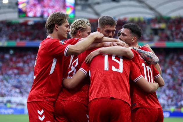 Soccer UEFA EURO 2024 Group Stage 1 Matchday Slovenia Denmark on 16 06 2024 at Stuttgart Arena in Stuttgart Goal celebration for 0 1 by Christian Eriksen Denmark xMSx