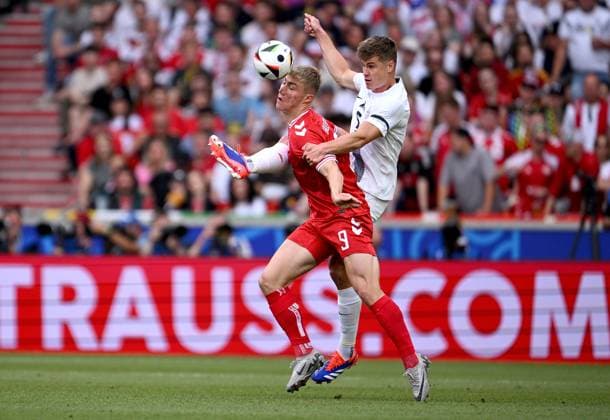 Football Euro 2024 Group C opening match 16 06 2024 Slovenia Denmark Rasmus Hoejlund left, Denmark v Jaka Bijol right, Slovenia
