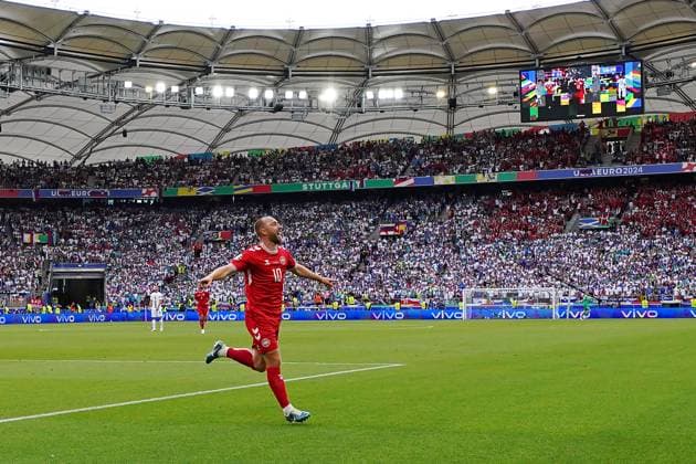 Denmark s Christian Eriksen celebrates after scoring 0-1 during the Euro 2024 soccer match between Slovenia and Denmark at the Stuttgart Arena , Stuttgart , Germany - Sunday 16 , June , 2024. - Soccer .  Copyright: xSpada LaPressex