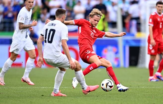 Football Euro 2024 Group C opening match 16 06 2024 Slovenia Denmark Timi Elsnik left, Slovenia v Morten Hjulmand right, Denmark
