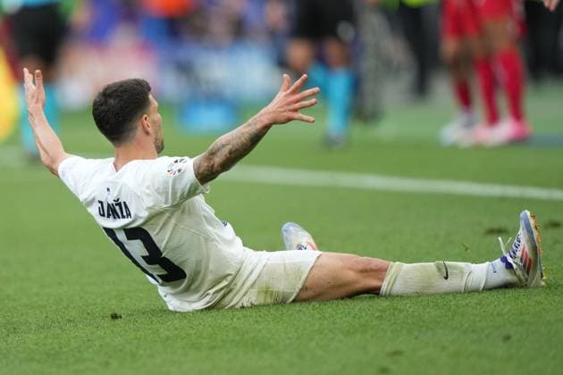 Slovenia s Erik Janza celebrates after scoring 1-1 during the Euro 2024 soccer match between Slovenia and Denmark at the Stuttgart Arena , Stuttgart , Germany - Sunday 16 , June , 2024. - Soccer .  Copyright: xSpada LaPressex