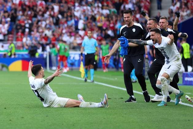 Soccer UEFA EURO 2024 Group Stage 1 Matchday Slovenia Denmark on 16 06 2024 at Stuttgart Arena in Stuttgart Goal celebration for 1 1 by Erik Janza Slovenia xMSx