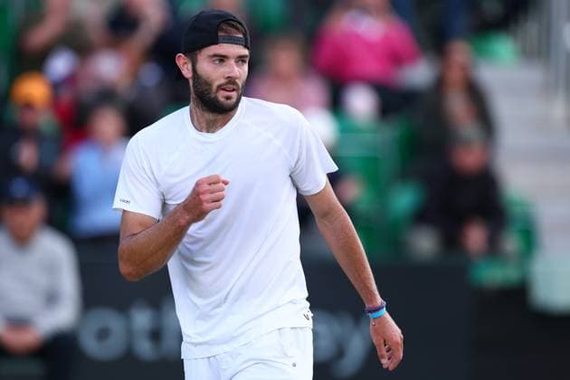 16th June 2024; Lexus Nottingham Tennis Centre, Nottingham, England; Rothesay Nottingham Open, Day 7; Jacob Fearnley celebrates after he wins the mens singles final against Charles Broom by 4-6 6-4 6-3  ActionPlus12655329 ShaunxBrooks
