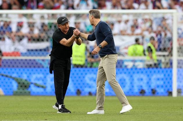 Soccer UEFA EURO 2024 group stage 1 matchday Slovenia Denmark on 16 06 2024 at Stuttgart Arena in Stuttgart Matjaz Kek coach head coach Slovenia , left Kasper Hjulmand coach head coach Denmark , right xMSx