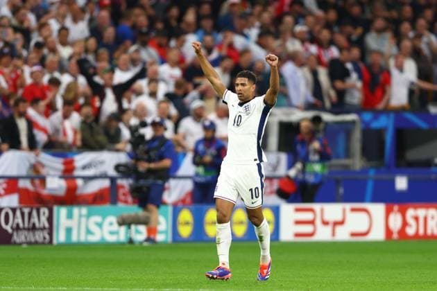 Jude Bellingham of England celebrates their goal to make it 1-0 Serbia v England, UEFA European Championship, EM, Europameisterschaft 2024, Group C, Football, Arena Aufschalke, Gelsenkirchen, Germany, 16 Jun 2024 EDITORIAL USE ONLY No use with unauthorised audio, video, data, fixture lists, club league logos or live services. Online in-match use limited to 120 images, no video emulation. No use in betting, games or single club league player publications. Copyright: xKieranxMcManus Shutterstockx 14539402av