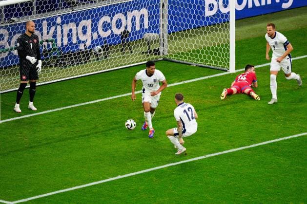 Jude Bellingham of England celebrates their goal to make it 1-0 Serbia v England, UEFA European Championship, EM, Europameisterschaft 2024, Group C, Football, Arena Aufschalke, Gelsenkirchen, Germany, 16 Jun 2024 EDITORIAL USE ONLY No use with unauthorised audio, video, data, fixture lists, club league logos or live services. Online in-match use limited to 120 images, no video emulation. No use in betting, games or single club league player publications. Copyright: xDavexShopland Shutterstockx 14539403x