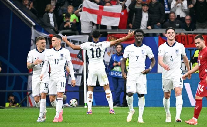Football, European Championship, EURO 2024, Group C, Veltins Arena Gelsenkirchen Serbia England Cheers Jude Bellingham ENG after his goal for 0 1 Cheers, joy, action