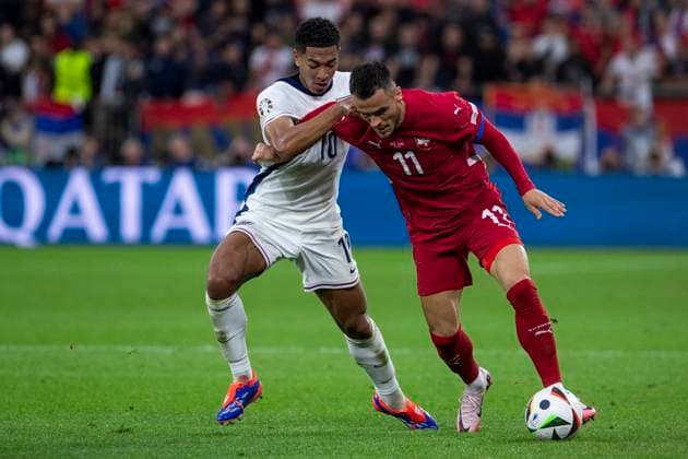 UEFA EURO 2024 Group match Serbia England 16 06 2024 Filip Kostic Serbia, 11 , Jude Bellingham England, 10 UEFA EURO 2024 Group match Serbia England Arena AufSchalke, Gelsenkirchen, on 16 06 2024 Copyright: xBEAUTIFULxSPORTS Meuselx