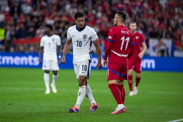 UEFA EURO 2024 Group match Serbia England 16 06 2024 Filip Kostic Serbia, 11 , Jude Bellingham England, 10 UEFA EURO 2024 Group match Serbia England Arena AufSchalke, Gelsenkirchen, on 16 06 2024 Copyright: xBEAUTIFULxSPORTS Meuselx