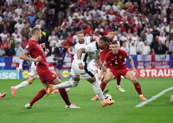 Gelsenkirchen, Germany, 16th June 2024. Kyle Walker of England rolls the ball across the face of the goal during the UEFA European Championships match at Arena Aufschalke, Gelsenkirchen. Picture credit should read: David Klein Sportimage EDITORIAL USE ONLY. No use with unauthorised audio, video, data, fixture lists, club league logos or live services. Online in-match use limited to 120 images, no video emulation. No use in betting, games or single club league player publications. SPI-3196-0047