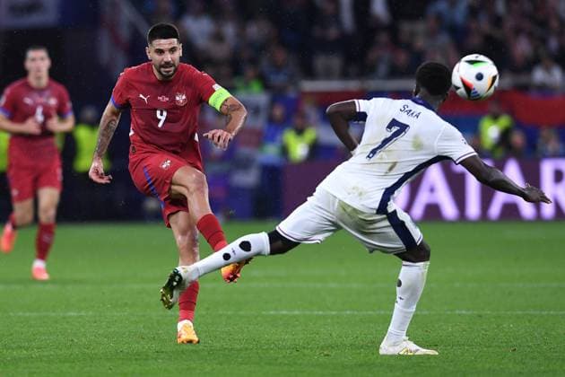 Soccer UEFA EURO 2024 Group Stage 1 Matchday Serbia England on 16 06 2024 at Arena AufSchalke in Gelsenkirchen Aleksandar Mitrovic Serbia , left Bukayo Saka England , right xRx