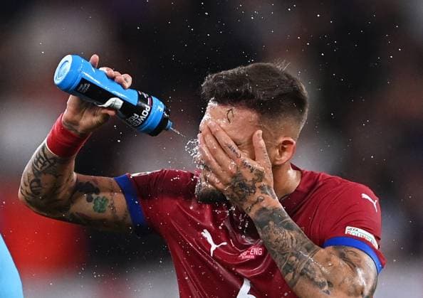 Fußball EURO 2024 Serbia - England 8709268 16.06.2024 Serbia s Nemanja Gudelj cools during the UEFA EURO, EM, Europameisterschaft,Fussball 2024 Group C soccer match between Serbia and England at Arena AufSchalke, in Gelsenkirchen, Germany. Alexey Filippov Sputnik Gelsenkirchen Germany  Copyright: xAlexeyxFilippovx