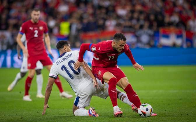Gelsenkirchen, Germany 16th Jun 2024 Filip Kostic SRB Jude Bellingham ENG England Serbia England Serbia 15 06 2024