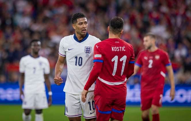 Gelsenkirchen, Germany 16th Jun 2024 Filip Kostic SRB Jude Bellingham ENG England Serbia England Serbia 15 06 2024
