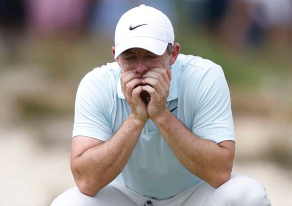 Sport Bilder des Tages Rory McIlroy of Northern Ireland reacts after missing a putt for par on the fifth green during the final round of the 124th U.S. Open golf championship at Pinehurst Resort & Country Club in Pinehurst, N.C. on Sunday, June 16, 2024.  NCP20240616303 JOHNxANGELILLO