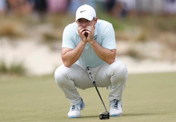 Rory McIlroy of Northern Ireland reacts after missing a putt for par on the fifth green during the final round of the 124th U.S. Open golf championship at Pinehurst Resort & Country Club in Pinehurst, N.C. on Sunday, June 16, 2024.  NCP20240616305 JOHNxANGELILLO