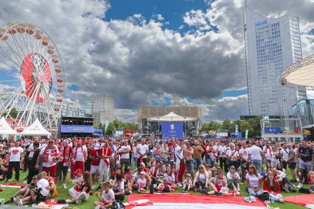 EURO 2024 Festival Leipzig UEFA EURO 2024 Leipzig, 16 06 2024, Augustusplatz, UEFA EURO 2024, UEFA EURO 2024 Festival In the picture Football fans watch the Poland Netherland match in the fan zone on Augustusplatz Leipzig ,