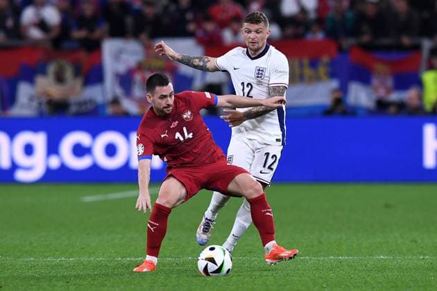 Soccer UEFA EURO 2024 Group Stage 1 Matchday Serbia England on 16 06 2024 at Arena AufSchalke in Gelsenkirchen Andrija Zivkovic Serbia , left Kieran Trippier England , right xRx