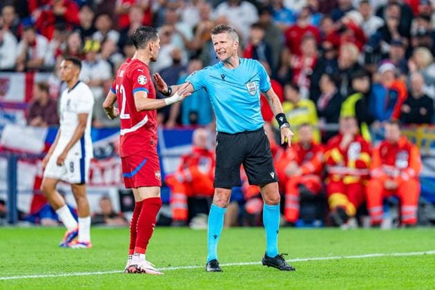 Sasa Lukic Serbia, 22 and Daniele Orsato Referee Serbia vs England, Men, Football, Matchday 1, EURO 2024, 16 06 2024, European Championship, Group C Serbia vs England, Men, Football, Matchday 1, EURO 2024, 16 06 2024, European Championship, Group C Gelsenkirchen Copyright: xEibner-Pressefoto BahhoxKarax EP_SRB