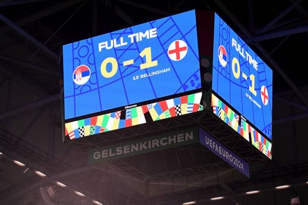 Soccer UEFA EURO 2024 group stage 1 matchday Serbia England on 16 06 2024 at Arena AufSchalke in Gelsenkirchen Final score scoreboard video wall video cube cube 0 1 xRx