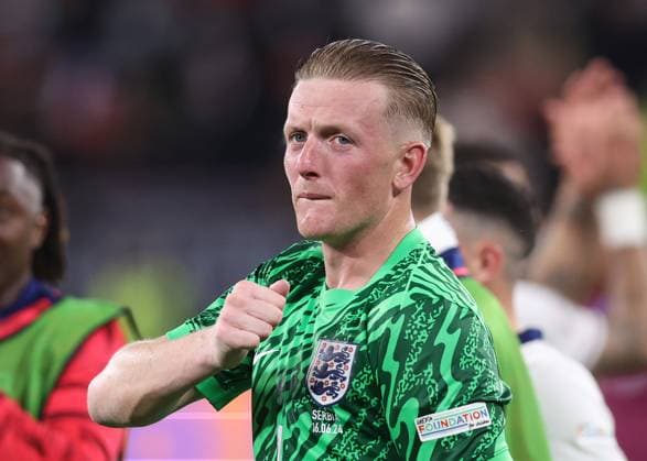 Gelsenkirchen, Germany, 16th June 2024. Jordan Pickford of England celebrates the win during the UEFA European Championships match at Arena Aufschalke, Gelsenkirchen. Picture credit should read: David Klein Sportimage EDITORIAL USE ONLY. No use with unauthorised audio, video, data, fixture lists, club league logos or live services. Online in-match use limited to 120 images, no video emulation. No use in betting, games or single club league player publications. SPI-3196-0090