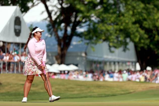 Meijer LPGA, Golf Damen Classic Lilia Vu of Fountain Valley, California celebrates after winning with her putt at the 4th hole in a three way multiple hole playoff during the final round of the Meijer LPGA Classic for Simply Give golf tournament at Blythefield Country Club in Belmont, MI, USA Sunday, June 16, 2024. Belmont Michigan United States  Copyright: xAmyxLemusx originalFilename:lemus-meijerlp240616_np54j.jpg