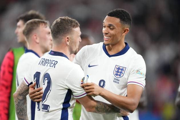 EURO 2024 - Matchday 3, Group C: Serbia vs. England Kieran Trippier and Trent Alexander-Arnold are all smiles after the EURO 2024 Day 3 Group C match between Serbia and England on 16 June 2024, at Arena AufSchalke, in Gelsenkirchen, Germany Gelsenkirchen Arena AufSchalke Germany Copyright: xAlexandraxFechetex DSC0242901
