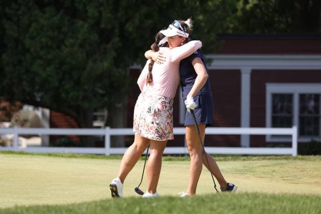 GRAND RAPIDS, MI - JUNE 16: LPGA, Golf Damen golfer Lilia Vu hugs Lexi Thompson after making the winning putt on the 4th hole during a playoff at the LPGA Meijer LPGA Classic for Simply Give on June 16th, 2024, at Blythefield Country Club in Grand Rapids, Michigan. (Photo by Brian Spurlock Icon Sportswire) GOLF: JUN 16 LPGA Meijer LPGA Classic for Simply Give EDITORIAL USE ONLY Icon24061636