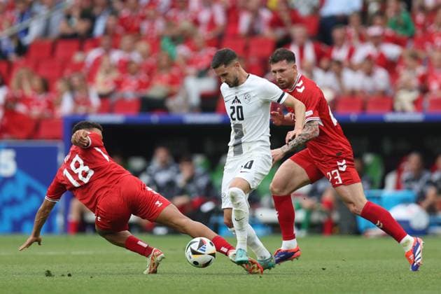 Alexander Bah (Denmark)Petar Stojanovic (Slovenia)Pierre-Emile Hojbjerg (Denmark) during the UEFA EURO, EM, Europameisterschaft,Fussball Germany 2024 match between Slovenia 1-1 Denmark at Stuttgart Arena on June 16, 2024 in Stuttgart , Germany. Noxthirdxpartyxsales  (256646116)