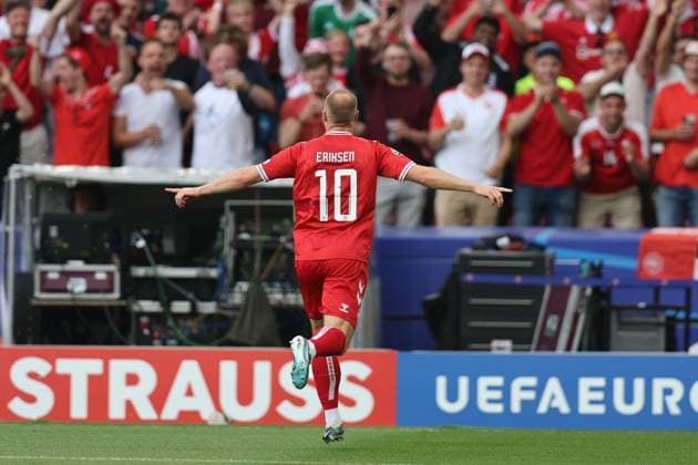 Christian Eriksen (Denmark) celebrates after scoring his team s first goal during the UEFA EURO, EM, Europameisterschaft,Fussball Germany 2024 match between Slovenia 1-1 Denmark at Stuttgart Arena on June 16, 2024 in Stuttgart , Germany. Noxthirdxpartyxsales  (256646126)
