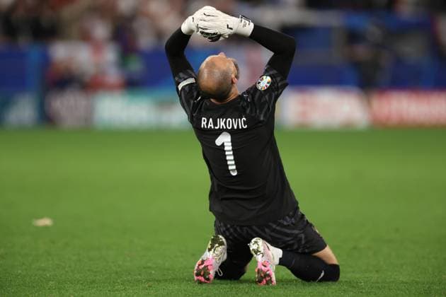 Gelsenkirchen, Germany, 16th June 2024. Predrag Rajkovic of Serbia reacts during the UEFA European Championships match at Arena Aufschalke, Gelsenkirchen. Picture credit should read: Jonathan Moscrop Sportimage EDITORIAL USE ONLY. No use with unauthorised audio, video, data, fixture lists, club league logos or live services. Online in-match use limited to 120 images, no video emulation. No use in betting, games or single club league player publications. SPI-3183-0031