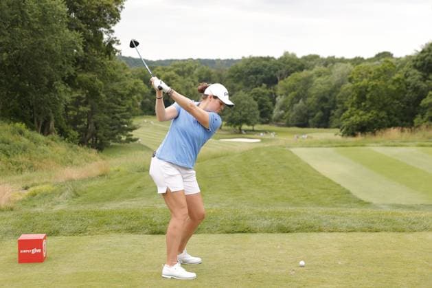 GRAND RAPIDS, MI - JUNE 16: LPGA, Golf Damen golfer Ally Ewing plays her tee shot on the 12th hole during the final round of the LPGA Meijer LPGA Classic for Simply Give on June 16th, 2024, at Blythefield Country Club in Grand Rapids, Michigan. (Photo by Brian Spurlock Icon Sportswire) GOLF: JUN 16 LPGA Meijer LPGA Classic for Simply Give EDITORIAL USE ONLY Icon24061671