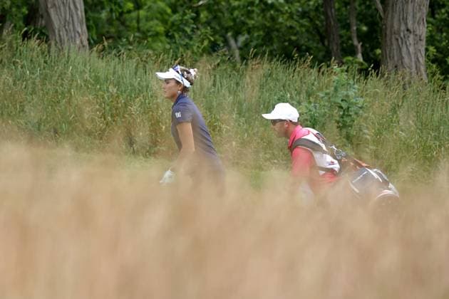 GRAND RAPIDS, MI - JUNE 16: LPGA, Golf Damen golfer Lexi Thompson and her caddie walk the 16th hole during the final round of the LPGA Meijer LPGA Classic for Simply Give on June 16th, 2024, at Blythefield Country Club in Grand Rapids, Michigan. (Photo by Brian Spurlock Icon Sportswire) GOLF: JUN 16 LPGA Meijer LPGA Classic for Simply Give EDITORIAL USE ONLY Icon24061680