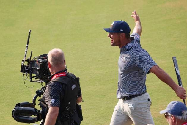 Bryson DeChambeau of the United States celebrates on the 18th green after winning the 124th US Open golf championship at Pinehurst Resort & Country Club in Pinehurst, N.C. on Sunday, June 16, 2024.  NCP20240616839 VeaseyxConway