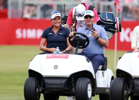 Meijer LPGA, Golf Damen Classic Lexi Thompson of Delray Beach, Florida heads with her caddie in a golf cart to the 18th tee for the first round of a three way multiple hole playoff during the final round of the Meijer LPGA Classic for Simply Give golf tournament at Blythefield Country Club in Belmont, MI, USA Sunday, June 16, 2024. Belmont Michigan United States  Copyright: xAmyxLemusx originalFilename:lemus-meijerlp240616_npoVN.jpg