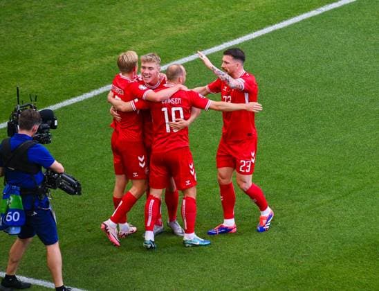 Pierre Emile Hojbjerg Denmark , Christian Eriksen Denmark , Rasmus Hojlund Denmark and Victor Kristiansen Denmark celebrate their goal, UEFA EURO 2024 Group C, Slovenia vs Denmark, Arena Stuttgart on June 16, 2024 in Stuttgart, Germany Photo by Silas Schueller DeFodi Images Pierre Emile Hojbjerg Denmark , Christian Eriksen Denmark , Rasmus Hojlund Denmark and Victor Kristiansen Denmark celebrate their goal, UEFA EURO 2024 Group C, Slovenia vs Denmark, Arena Stuttgart on June 16, 2024 in Stuttgart, Germany Photo by Silas Schueller DeFodi Images Defodi 0582007505st Defodi-738
