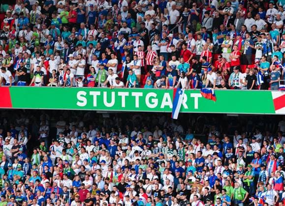 Stuttgart lettering and fans of Slovenia during the UEFA EURO 2024 Group C match between Slovenia and Denmark, Arena Stuttgart on June 16, 2024 in Stuttgart, Germany Photo by Stuttgart lettering and fans of Slovenia during the UEFA EURO 2024 Group C match between Slovenia and Denmark at Arena Stuttgart on June 16, 2024 in Stuttgart, Germany Photo by Defodi 0582007545st Defodi-
