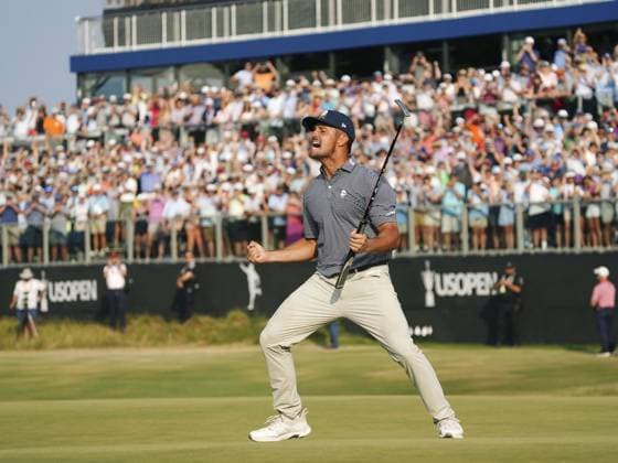 Golf: U.S. Open Bryson DeChambeau of the United States reacts after making a par putt on the 18th hole during the final round of the U.S. Open golf tournament on June 16, 2024, at Pinehurst Resort and Country Club in Pinehurst, North Carolina. He won the U.S. Open for the second time.  A14AA0003009639P