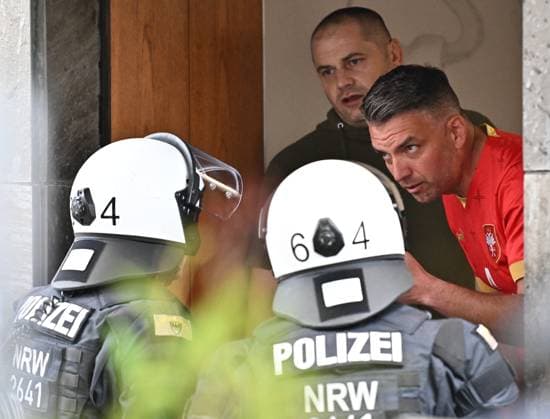 GELSENKIRCHEN, GERMANY - JUNE 16: Police secure the area outside a restaurant where a Serbia fans fight with others fans incident involving Serbian President son Danilo Vucic in Gelsenkirchen city centre of before the UEFA EURO, EM, Europameisterschaft,Fussball 2024 group stage match between Serbia and England at Arena AufSchalke on June 16, 2024 in Gelsenkirchen, Germany.Photo by Sebastian Frej Serbia v England: Group C - UEFA EURO 2024 Copyright: xSebastianxFrej MBxMediax