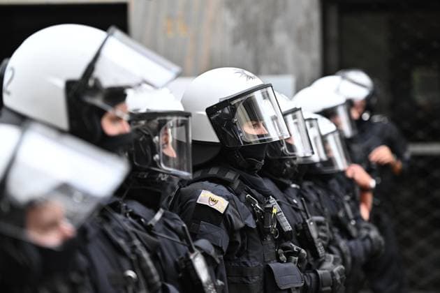 GELSENKIRCHEN, GERMANY - JUNE 16: Police secure the area outside a restaurant where a Serbia fans fight with others fans incident involving Serbian President son Danilo Vucic in Gelsenkirchen city centre of before the UEFA EURO, EM, Europameisterschaft,Fussball 2024 group stage match between Serbia and England at Arena AufSchalke on June 16, 2024 in Gelsenkirchen, Germany.Photo by Sebastian Frej Serbia v England: Group C - UEFA EURO 2024 Copyright: xSebastianxFrej MBxMediax