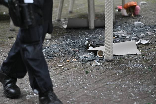 GELSENKIRCHEN, GERMANY - JUNE 16: Police secure the area outside a restaurant where a Serbia fans fight with others fans incident involving Serbian President son Danilo Vucic in Gelsenkirchen city centre of before the UEFA EURO, EM, Europameisterschaft,Fussball 2024 group stage match between Serbia and England at Arena AufSchalke on June 16, 2024 in Gelsenkirchen, Germany.Photo by Sebastian Frej Serbia v England: Group C - UEFA EURO 2024 Copyright: xSebastianxFrej MBxMediax