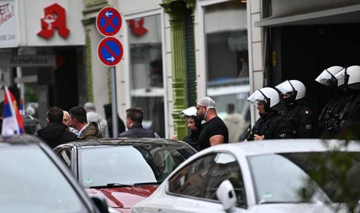 GELSENKIRCHEN, GERMANY - JUNE 16: Police secure the area outside a restaurant where a Serbia fans fight with others fans incident involving Serbian President son Danilo Vucic in Gelsenkirchen city centre of before the UEFA EURO, EM, Europameisterschaft,Fussball 2024 group stage match between Serbia and England at Arena AufSchalke on June 16, 2024 in Gelsenkirchen, Germany.Photo by Sebastian Frej Serbia v England: Group C - UEFA EURO 2024 Copyright: xSebastianxFrej MBxMediax
