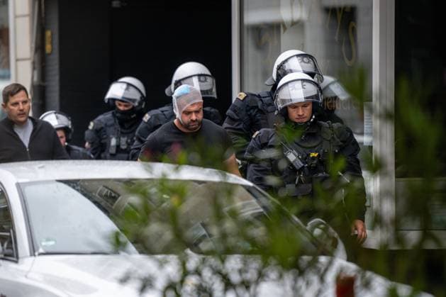 GELSENKIRCHEN, GERMANY - JUNE 16: Police secure the area outside a restaurant where a Serbia fans fight with others fans incident involving Serbian President son Danilo Vucic in Gelsenkirchen city centre of before the UEFA EURO, EM, Europameisterschaft,Fussball 2024 group stage match between Serbia and England at Arena AufSchalke on June 16, 2024 in Gelsenkirchen, Germany.Photo by Sebastian Frej Serbia v England: Group C - UEFA EURO 2024 Copyright: xSebastianxFrej MBxMediax