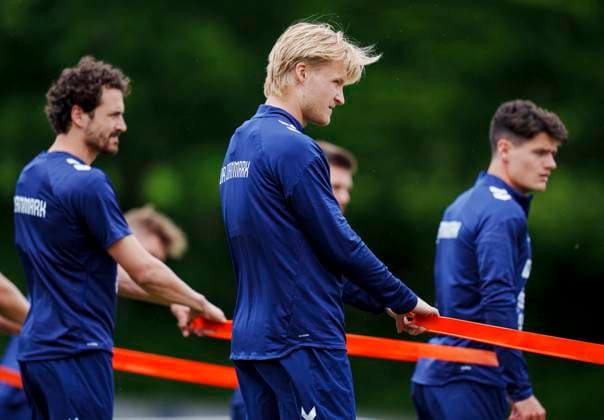 Kasper Dolberg C Thomas Delaney L and Christian Noergaard during the national team s training in Freudenstadt, Germany Monday the 17th of June 2024 Photo Liselotte Sabroe Ritzau Scanpix , Stuttgart Germany  Copyright: Ritzau Scanpix LiselottexSabroex spdk20240617-135252-L